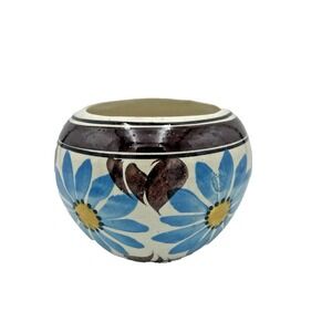 Vtg Hand Painted Mexican Flower Pot Planter Browns & Blues‎ Flowers Ceramic 4"
